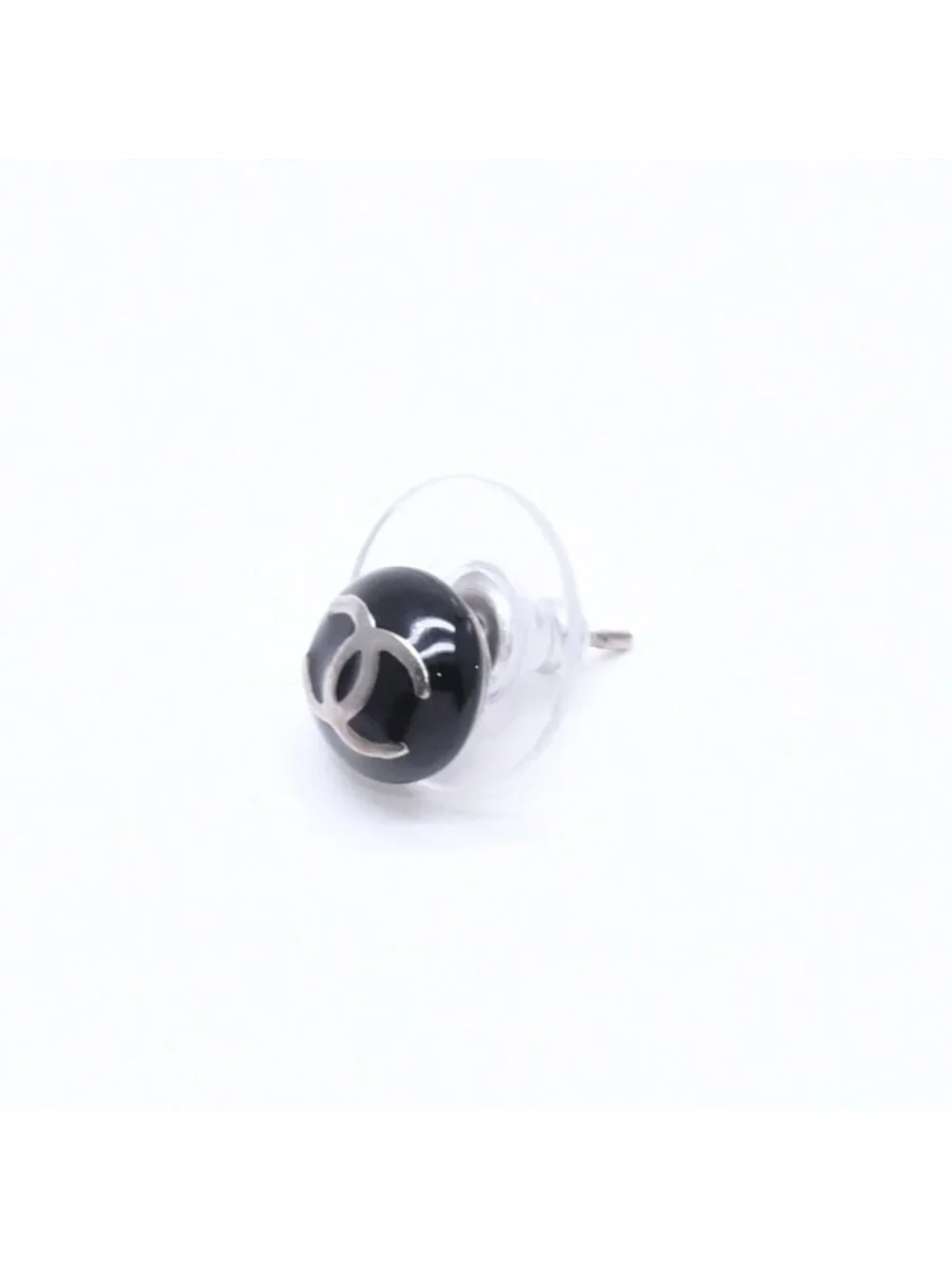 Chanel Button Earrings CC Logo Black Silver 03